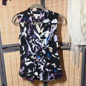 Dana Buchman Multicolor Abstract Sleeveless Tie-front Blouse